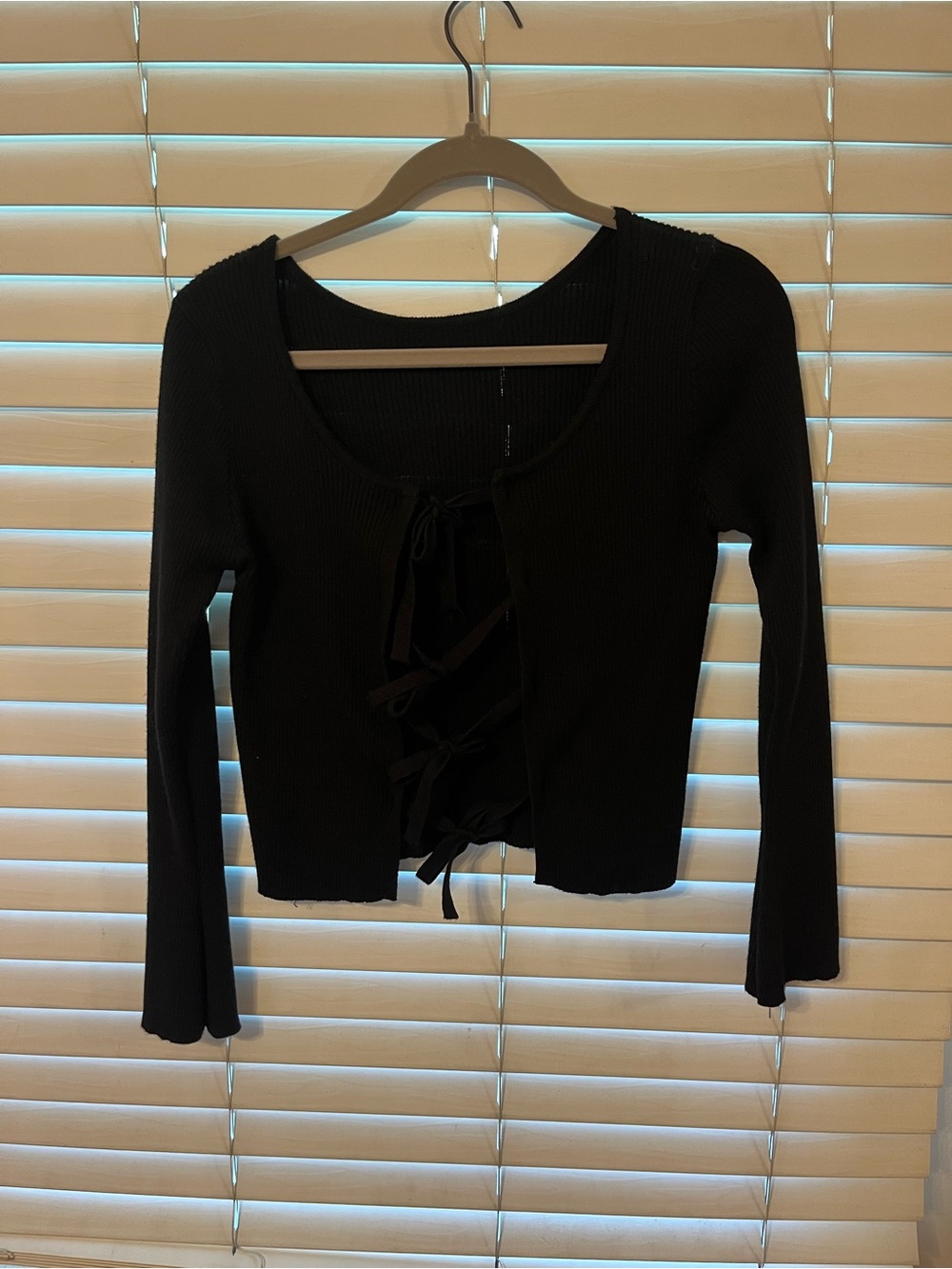 Black Tie-Front Ribbed Long-Sleeve Top